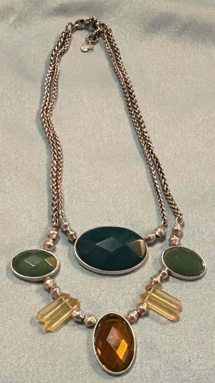 Lucky Brand Multi Stone Two Row Frontal Necklace Silver Tone